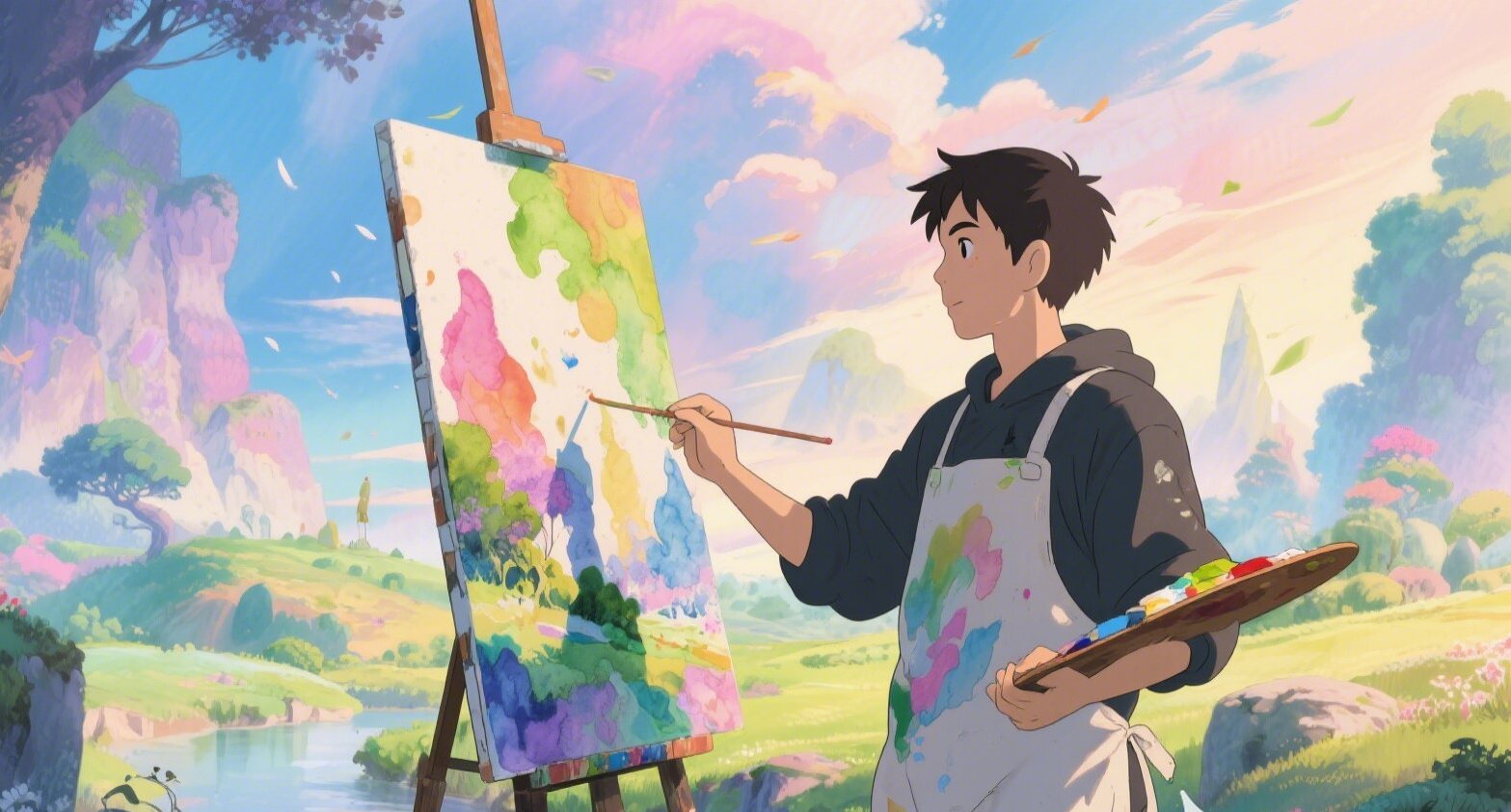 Ghibli Style、 dreamy、Spirited Away、 A man is painting this scene、 With ai elements (1)